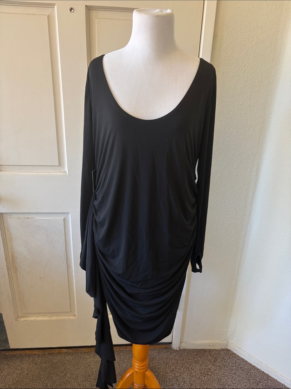 Eloquii Draped Scoop Neck Long Sleeve Black Dress